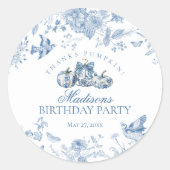 Blue Toile Pumpkin French Fall Birthday Favor Runder Aufkleber (Vorderseite)