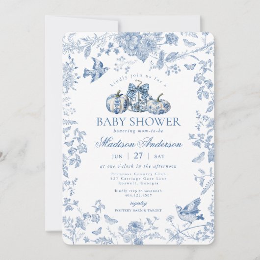 Blue Toile Pumpkin French Fall Floral Baby Dusche Einladung (Vorderseite)
