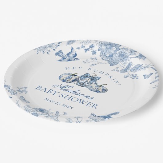 Blue Toile Pumpkin French Fall Floral Baby Shower Pappteller (Schrägansicht)
