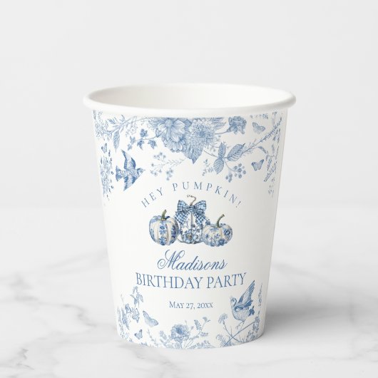 Blue Toile Pumpkin French Fall Floral Birthday Pappbecher (Rückseite)