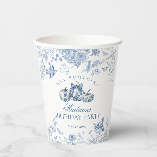 Blue Toile Pumpkin French Fall Floral Birthday Pappbecher (Vorderseite)