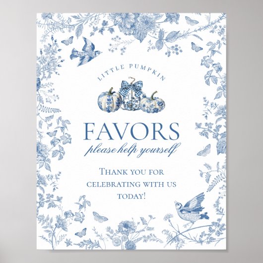 Blue Toile Pumpkin French Fall Floral Favors Sign Poster (Vorne)