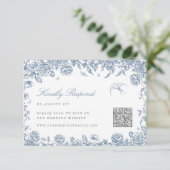 Blue Toile RSVP-Karte mit QR-Code Chinoiserie Bird RSVP Karte (Stehend Vorderseite)