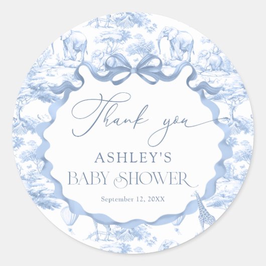 Blue Toile Safari Animal Baby Dusche Vielen Dank Runder Aufkleber (Vorderseite)