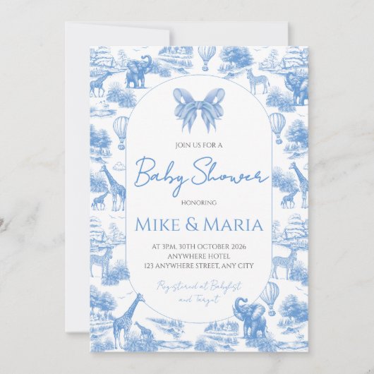 Blue Toile Safari Baby Shower Invitation Einladung (Vorderseite)