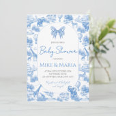Blue Toile Safari Baby Shower Invitation Einladung (Stehend Vorderseite)