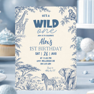 Blue Toile Safari Wild One Erster Geburtstag Einladung