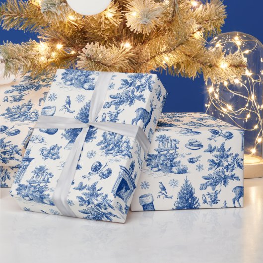 Blue Toile Seamless Pattern Vintage Winter Holiday Geschenkpapier (Feiertage)
