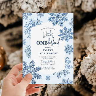 Blue Toile Snowflake Winter 1. Geburtstag Einladung