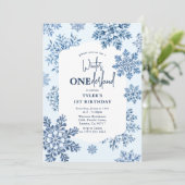 Blue Toile Snowflake Winter 1. Geburtstag Einladung (Stehend Vorderseite)
