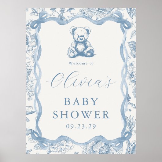 Blue Toile Teddy Bear Baby Dusche Begrüßungszeiche Poster (Vorne)