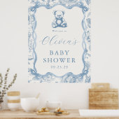 Blue Toile Teddy Bear Baby Dusche Begrüßungszeiche Poster (Küche)