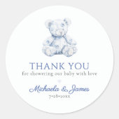 Blue Toile Teddy Bear Boy Baby Dusche Gefallen Runder Aufkleber (Vorderseite)
