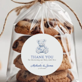 Blue Toile Teddy Bear Boy Baby Dusche Gefallen Runder Aufkleber