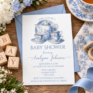 Blue Toile Tee Service Boy Babydusche Einladung
