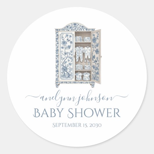 Blue Toile Viktorianisch Wardrobe Baby Dusche Runder Aufkleber (Vorderseite)