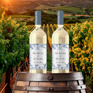 Blue Toile Vintage Wedding Weinetikett