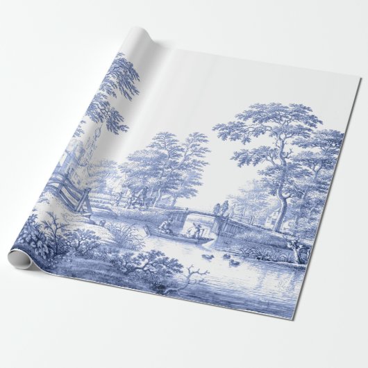 Blue Toile Vintager französischer Decoupage Wrappi Geschenkpapier (Ungerollt)