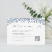 Blue Toile Wedding Details Karte QR Code (Stehend Vorderseite)