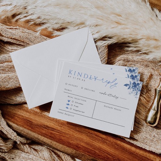 Blue Toile Wedding Repcard mit Speisekarte Begleitkarte