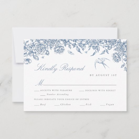 Blue Toile Wedding RSVP Card mit Essensauswahl (Vorderseite)