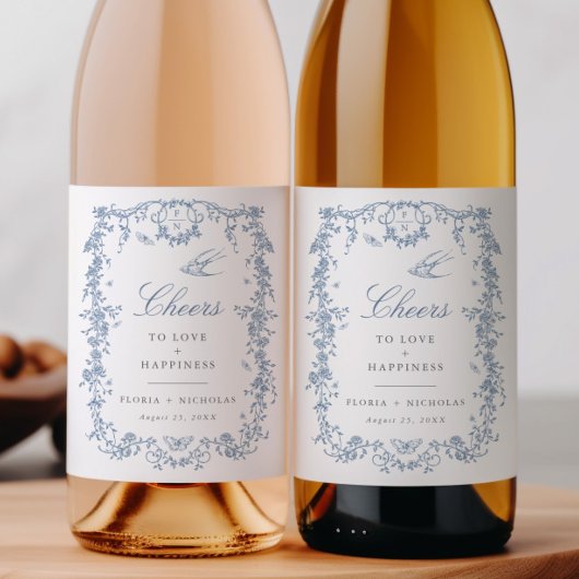 Blue Toile Wedding Wein Flasche Label Chinoiserie Weinetikett