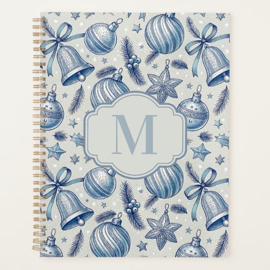 Blue Toile Weihnachtsschmuck Custom Monogram Planer (Vorderseite)