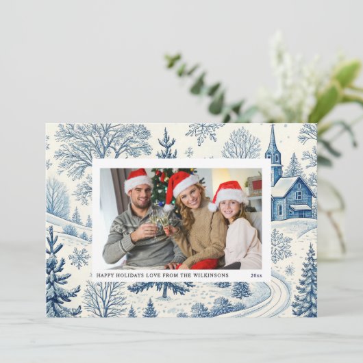 Blue Toile Winter Church Weihnachts Foto Card Einladung (Stehend Vorderseite)