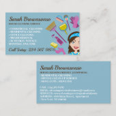 Blue Tone Janitorial Lady Cartoon House Reinigung Visitenkarte (Vorne/Hinten)