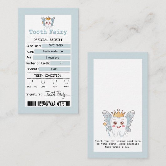 Blue Tooth Fairy Receipt Flat Note Card Mitteilungskarte (Vorne/Hinten)