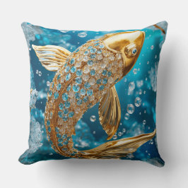 Blue Topaz|Gold Koi Fish|Gold|Throw Kissen