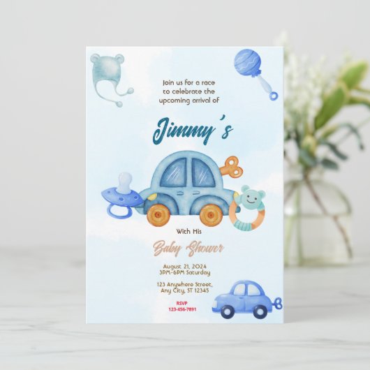 Blue Toy Car Baby Dusche Einladung (Stehend Vorderseite)