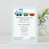 Blue Toy Train Baby Dusche Einladung (Stehend Vorderseite)