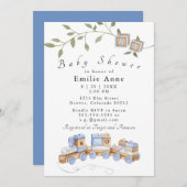 Blue Toys, Train and Blocks Kinderdusche Einladung (Vorne/Hinten)