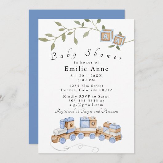 Blue Toys, Train and Blocks Kinderdusche Einladung (Vorne/Hinten)