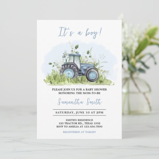 Blue Tractor Baby Dusche Einladung (Stehend Vorderseite)