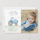 Blue Tractor Birthday Party Foto Einladung (Vorderseite)