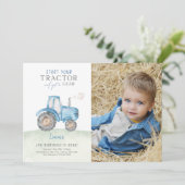 Blue Tractor Birthday Party Foto Einladung (Stehend Vorderseite)