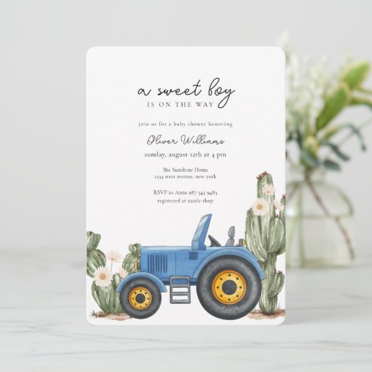 Blue Tractor Cactus Desert Baby Shower  Einladung (Stehend Vorderseite)