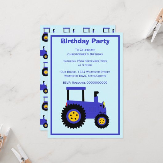 Blue Tractor Design Personalised Birthday Party Einladung (Vorderseite/Rückseite Beispiel)