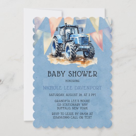 Blue Tractor Flag Watercolor Boy Baby Dusche Einladung (Vorderseite)