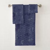 Blue Traditional Japanese Wave Seigaiha Monogram Badhandtuch Set (Insitu)