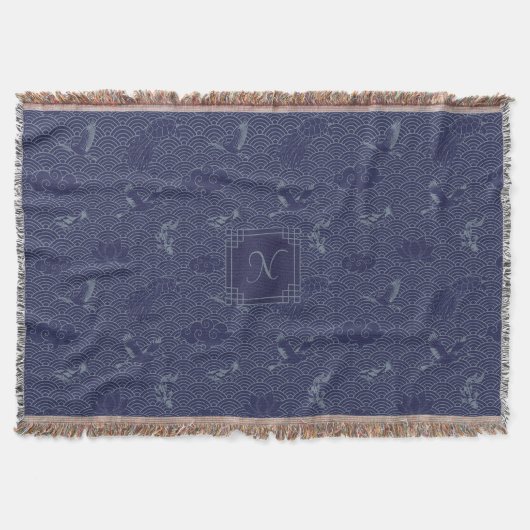 Blue Traditional Japanese Wave Seigaiha Monogram Decke (Vorderseite)
