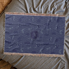 Blue Traditional Japanese Wave Seigaiha Monogram Decke