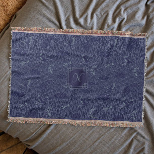 Blue Traditional Japanese Wave Seigaiha Monogram Decke