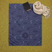 Blue Traditional Japanese Wave Seigaiha Monogram Fleecedecke
