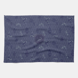 Blue Traditional Japanese Wave Seigaiha Monogram Geschirrtuch