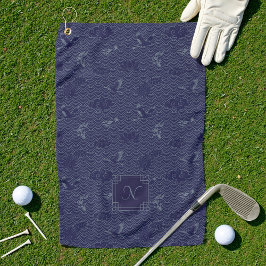 Blue Traditional Japanese Wave Seigaiha Monogram Golfhandtuch