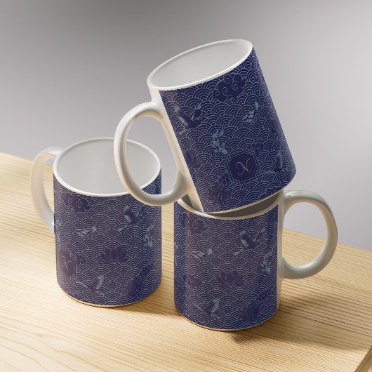 Blue Traditional Japanese Wave Seigaiha Monogram Kaffeetasse