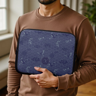 Blue Traditional Japanese Wave Seigaiha Monogram Laptopschutzhülle